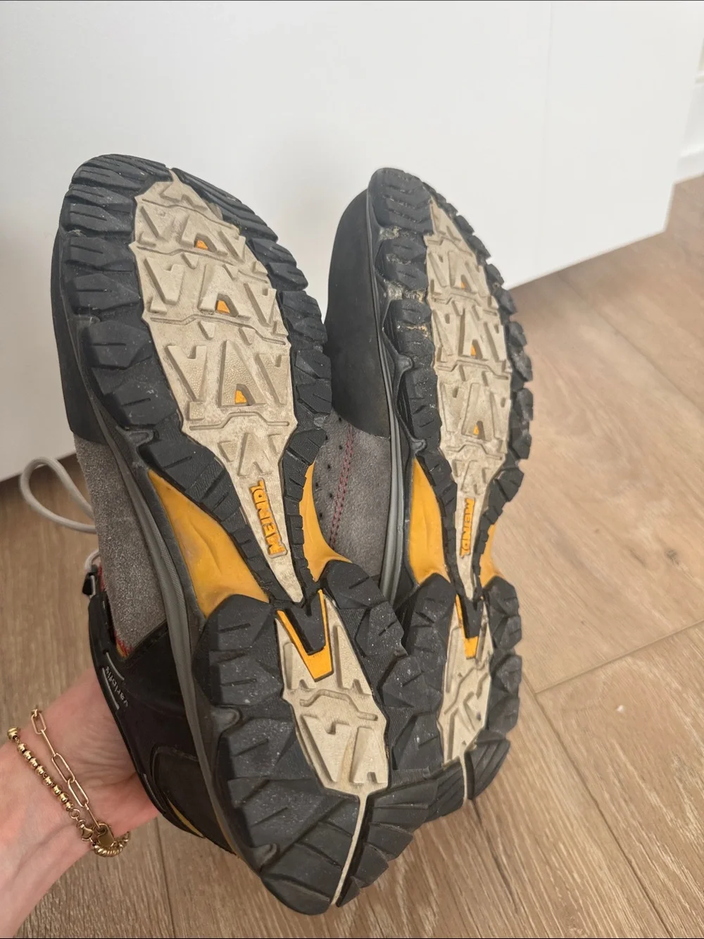 Meindl Women's Gray Suede Athletic Shoes with Yellow Accents